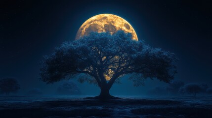 Curtains Enchanting moonlight scenery with luminous tree capturing full moon mystical horizon and serene night tranquility scenic peaceful view