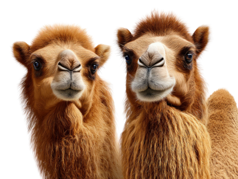 Camels Portrait: Two Bactrian camels, their fluffy coats a rich, sandy brown, gaze directly at the camera with expressive eyes. Their gentle demeanor and close proximity create a heartwarming image.