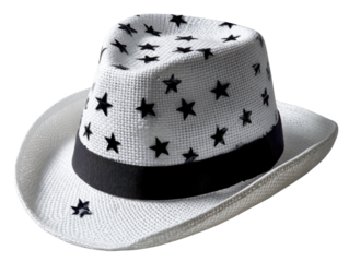 Starry Summer Hat: A stylish straw hat, adorned with a pattern of dark stars. This image highlights the fusion of classic style and celestial motifs.