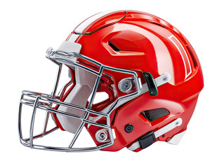 Fototapeta premium Red Football Helmet: An eye-level shot showcases a gleaming, red football helmet, meticulously detailed with its protective grill and design elements, epitomizing sporting equipment and competition.