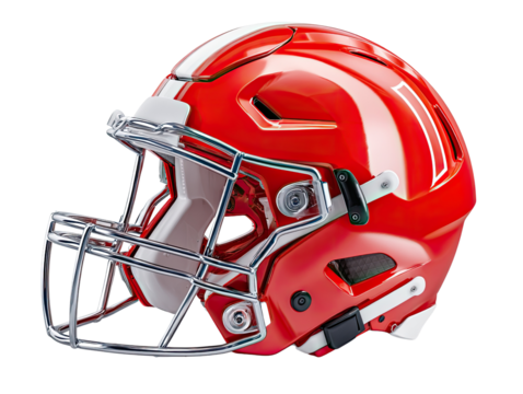 Red Football Helmet: An eye-level shot showcases a gleaming, red football helmet, meticulously detailed with its protective grill and design elements, epitomizing sporting equipment and competition.