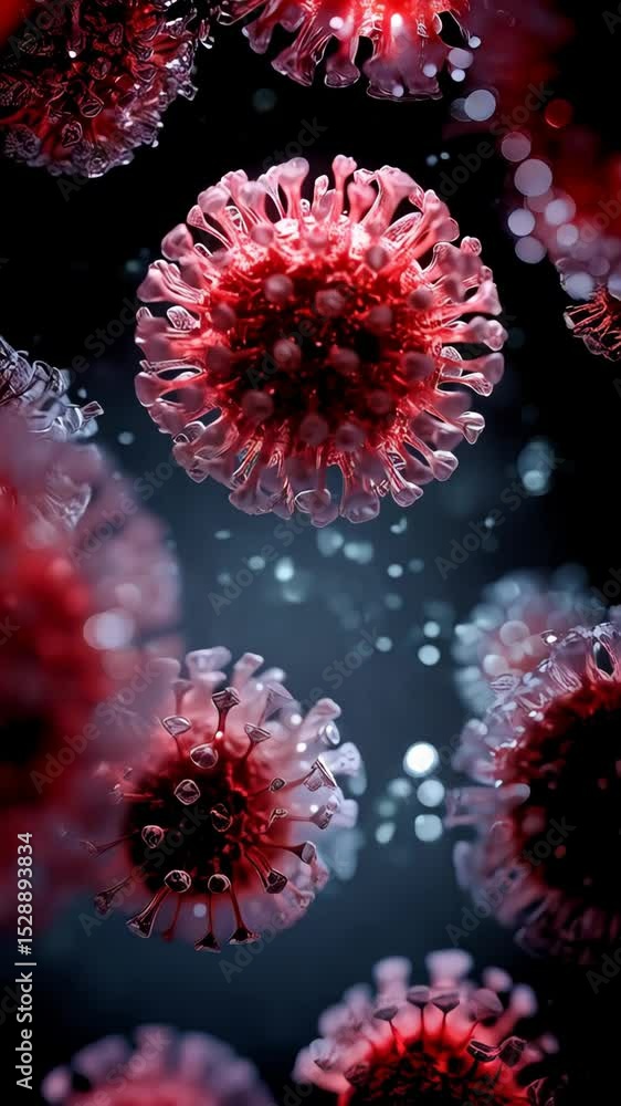 Poster detailed microscopic view of a viral cell showing the complex structure of spiky proteins in a dark 