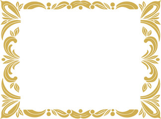 Elegant golden floral decorative border frame in vintage style, perfect for invitation, certificate, greeting card, wedding template, or classic ornamental design with empty center space.