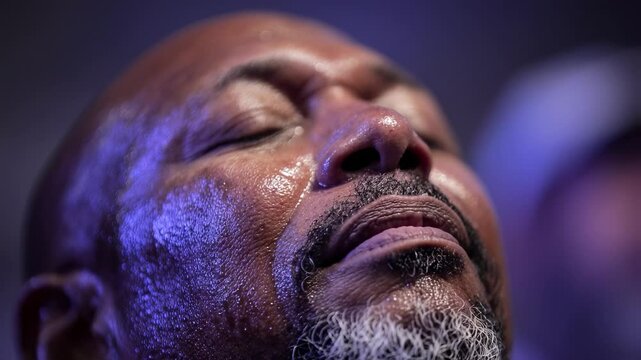 Closeup of a man with a look of relief and gratitude on his face, as a Christian ministers hands are p on his head during a healing service.