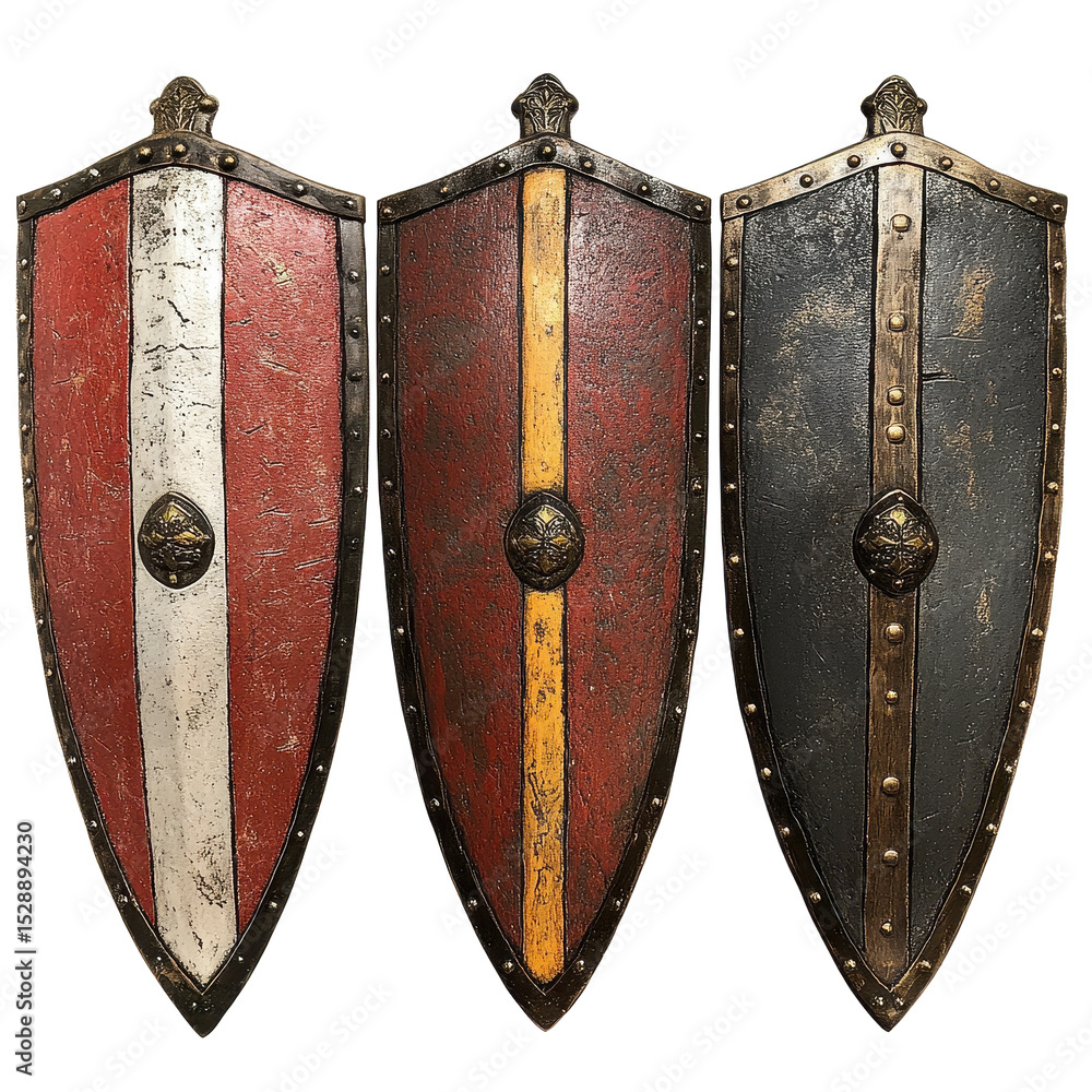 Poster medieval knight shields displayed on a transparent background showcasing unique designs and colors, 