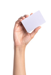 Woman hand holding blank white card with transparent background