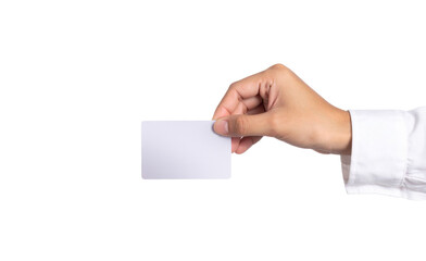 Hand holding white empty business card on transparent background