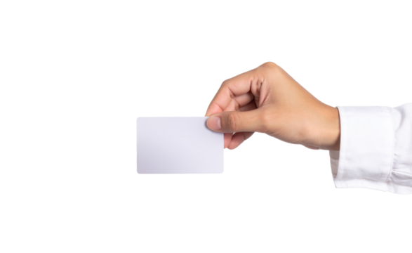 Hand holding white empty business card on transparent background