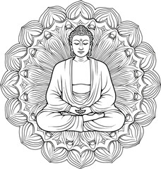 Buddha Meditation Silhouette on Mandala, Spiritual Serenity, Coloring Page, Outline, Line Art.