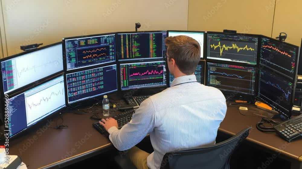 Poster Person working at a trading desk with multiple computer screens.