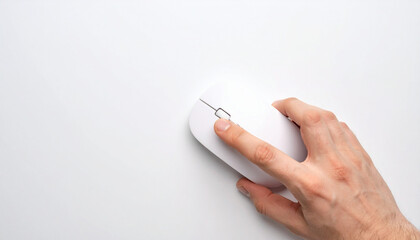 male hand clicking modern white wireless mouse