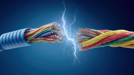 The colorful wires creating a dramatic spark of electric energy.