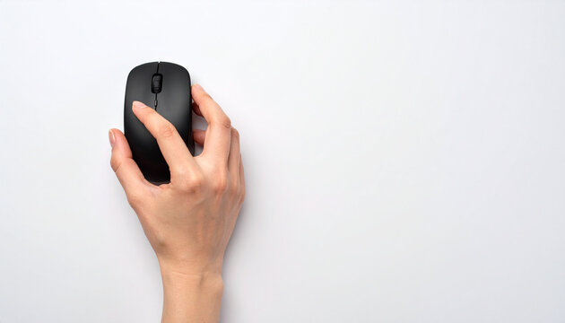 Female hand clicking black wireless computer mouse