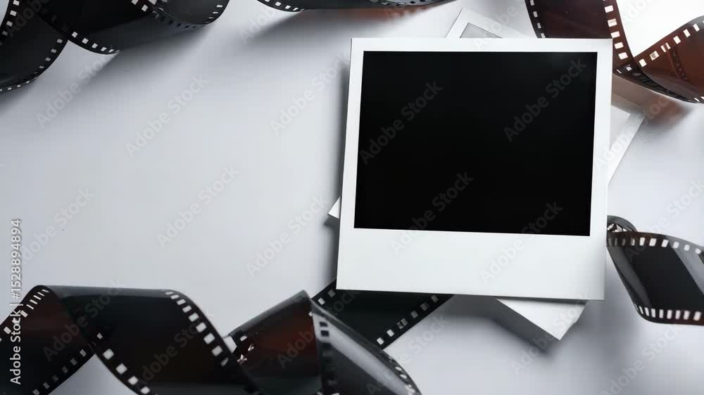 Poster film strip and square photo frames creating a border on a white backdrop, ideal for displaying image