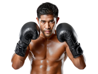 Boxer in Fighting Stance: A muscular boxer, intense and focused, stands ready in his fighting stance, wearing black boxing gloves.  His determination is palpable. 