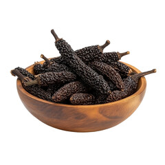 Long pepper displayed in a wooden bowl isolated on a Transparent background, long pepper in the bowlisolated on PNG background