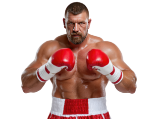 Fierce Boxer with Red Gloves: An intimidating boxer with muscular build and intense gaze stands ready, donned in red boxing gloves and shorts against background.