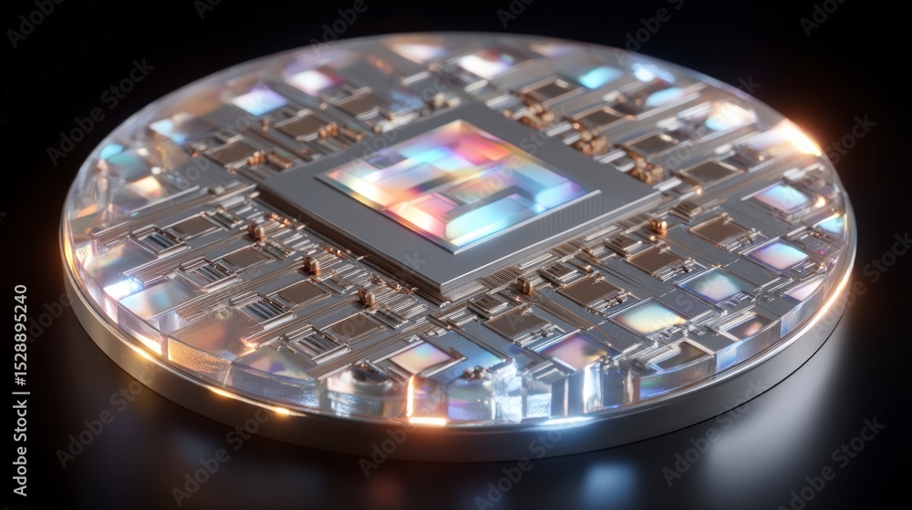 Poster high tech microprocessor chip abstract semiconductor wafer with rainbow reflection