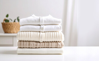 Stack of baby clothes neatly folded on white table