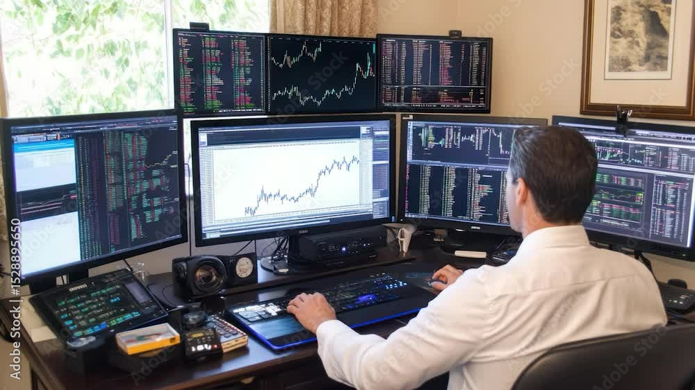 Leinwandbilder Individual working at a desk with multiple computer screens displaying financial data.