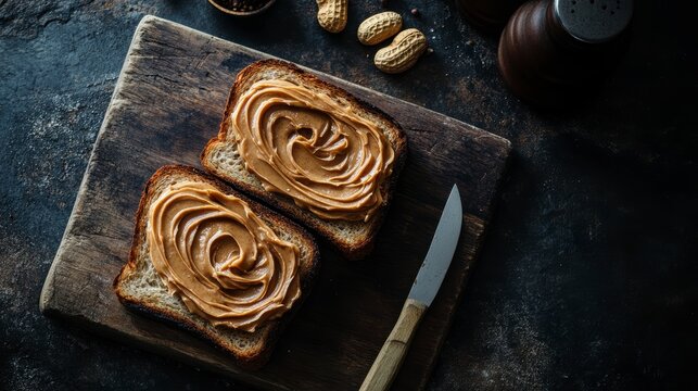 Two slices of bread with peanut butter on a rustic wooden board.