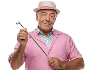 Smiling Golfer: A seasoned golfer in stylish attire, complete with a fedora, confidently holds a golf club, exuding a relaxed yet focused demeanor, ready to take on the course.