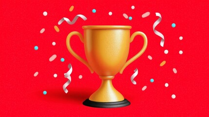 Golden trophy with confetti on red background
