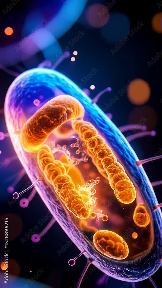 Poster microscopic view of a bacteria cell featuring a membrane, ribosome structures and pili with a dark b