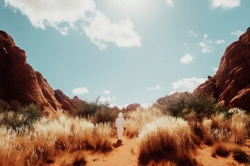 Astronaut explores desert landscape otherworldly journey