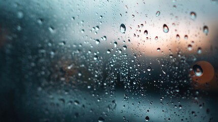 An image that captures the calming rhythms of raindrops falling gently on a surface, evoking peace and tranquility. Generative AI, water drops on a glass. High quality