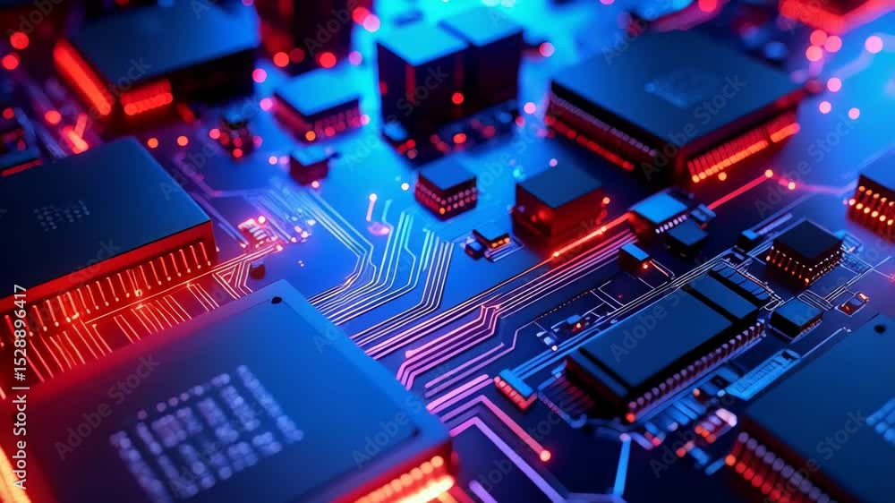 Poster detailed digital design rendering of multiple computer microchips on a circuit board with glowing bl