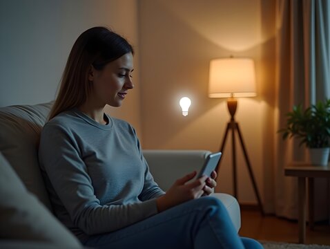Smart Lighting Control A person is sitting comfortably in a living room speaking to a voice assistant to dim the lights. A light bulb icon dims in response to their command..