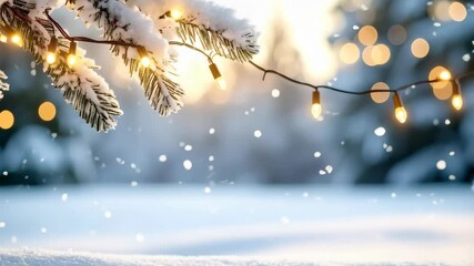 Snowy winter scene with blurred background and pine branch covered in snow decorated with string of lights shining brightly - Powered by Adobe