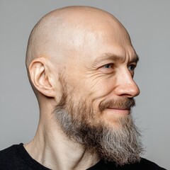 Portrait of bald man with beard looking away in studio for headshot or profile picture reference use