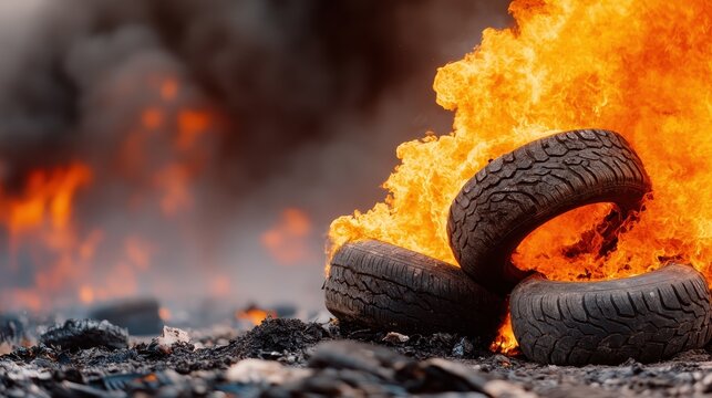 A dramatic scene showcasing tire fires with intense flames against a dark backdrop. The image evokes strong emotions related to destruction, chaos, and industrial grit.