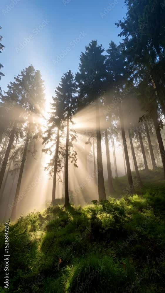 Poster sunbeams filter through tall evergreen trees in tranquil forest landscape, creating a serene and mys