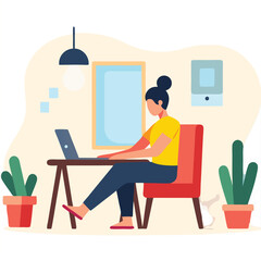 Woman Working on Laptop Home Office Interior and Remote Work Illustration