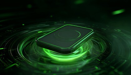 emerald green stylized digital wireless charger with circuitry glow ripple energy field futuristic product illustration