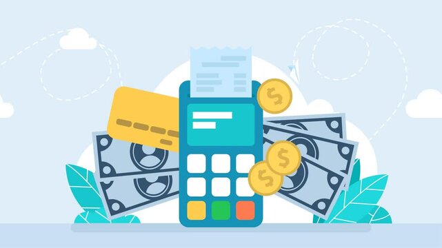 Financial transactions, payment. Cash and electronic payments concept. Pos terminal and payments systems. Bank card, terminal for buying process, monetary currencies, coins. 2d flat animation