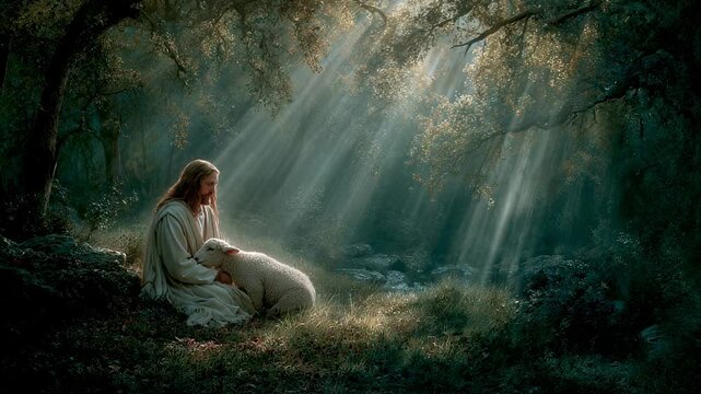 Rays of sunlight filter through the trees, creating a tranquil atmosphere around the Good Shepherd. The soft light illuminates His face and the lamb, symbolizing the divine guidance