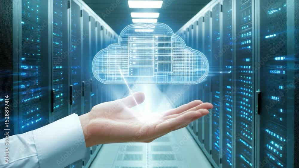 Poster Hand holding a digital cloud computing icon over server racks.