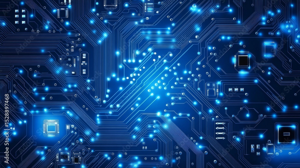 Poster futuristic blue technology background with digital grid, glowing data lines, and abstract circuit pa