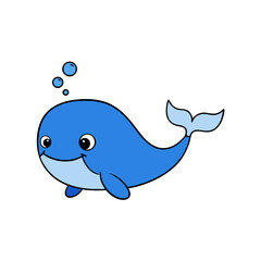 Cute Blue Whale with Water Spout – Kawaii Vector Illustration