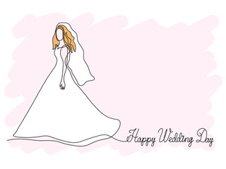 Happy wedding day greeting card. bride in a wedding dress and veil. continuous single one line art drawing sketch, logo