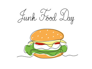Junk Food Day. continuous one single line art hand drawing sketch logo