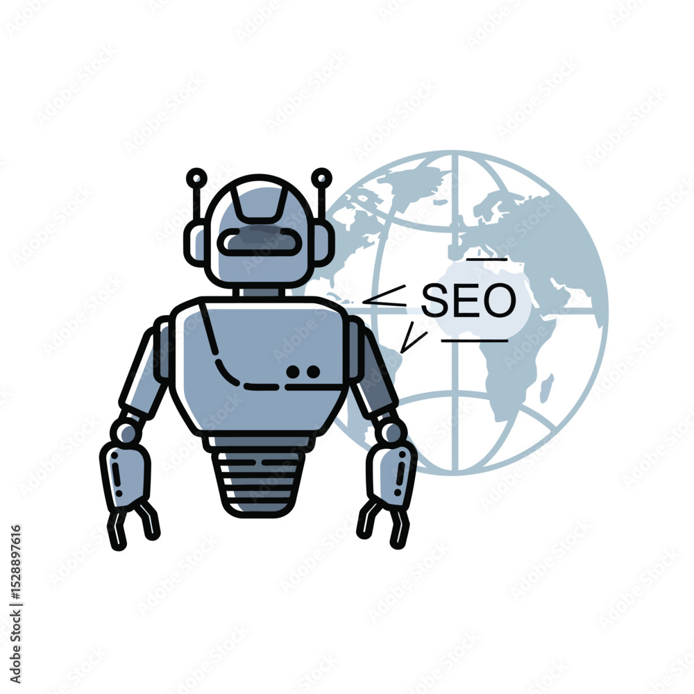 Aufkleber robot and globe illustrating global seo optimization