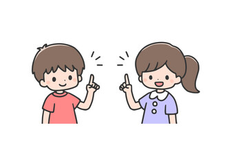 指差しポーズの男の子と女の子　上半身
