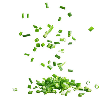 Falling green onion slices create a vibrant display on a white background, Falling green onion slices, cut chives isolated on white background