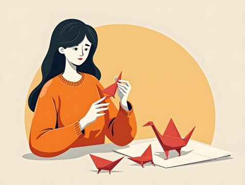 Woman Folding Paper Origami Crafting Art in Orange Sweater Illustration