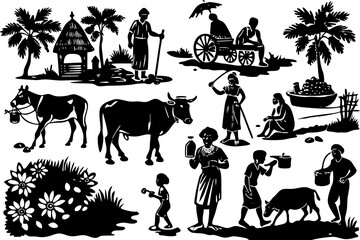 Rural life in black and white silhouettes